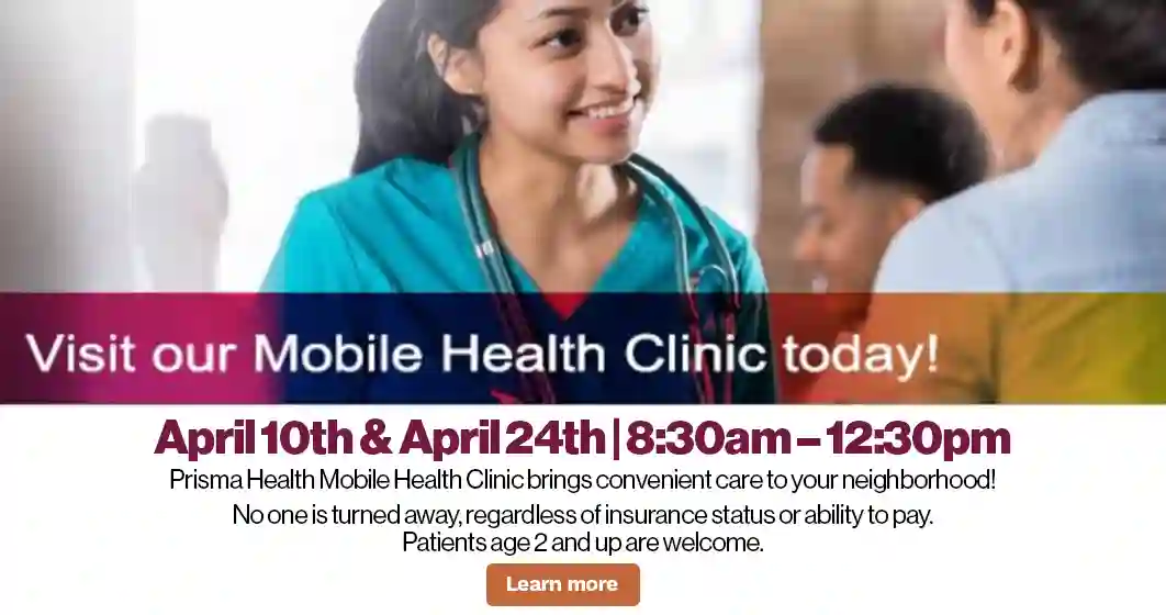 a white banner with care professionals to advertise a mobile clinic at Bethlehem. Click for details