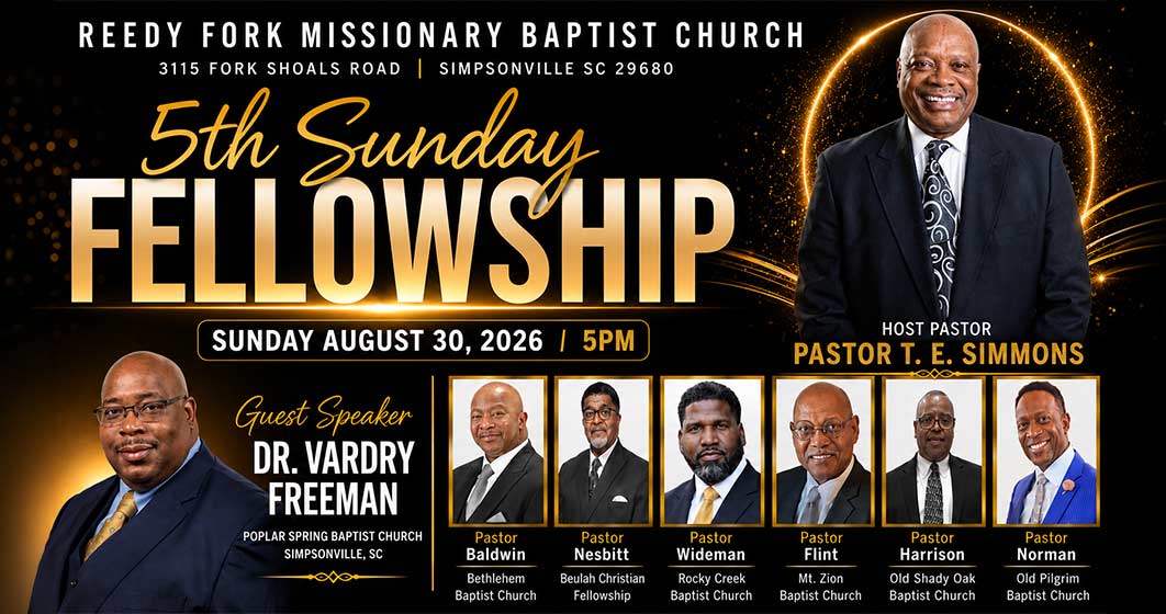 a fifth sunday fellowship graphic with a picture of all of the speakers and host pastor. Click for details